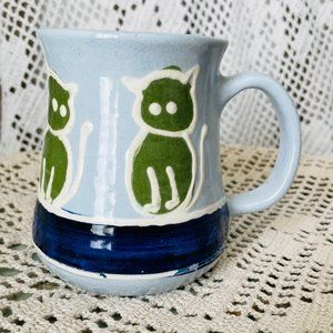 Vintage Studio Pottery Handcrafted Artist Signed Cats Coffee Mug 12oz
